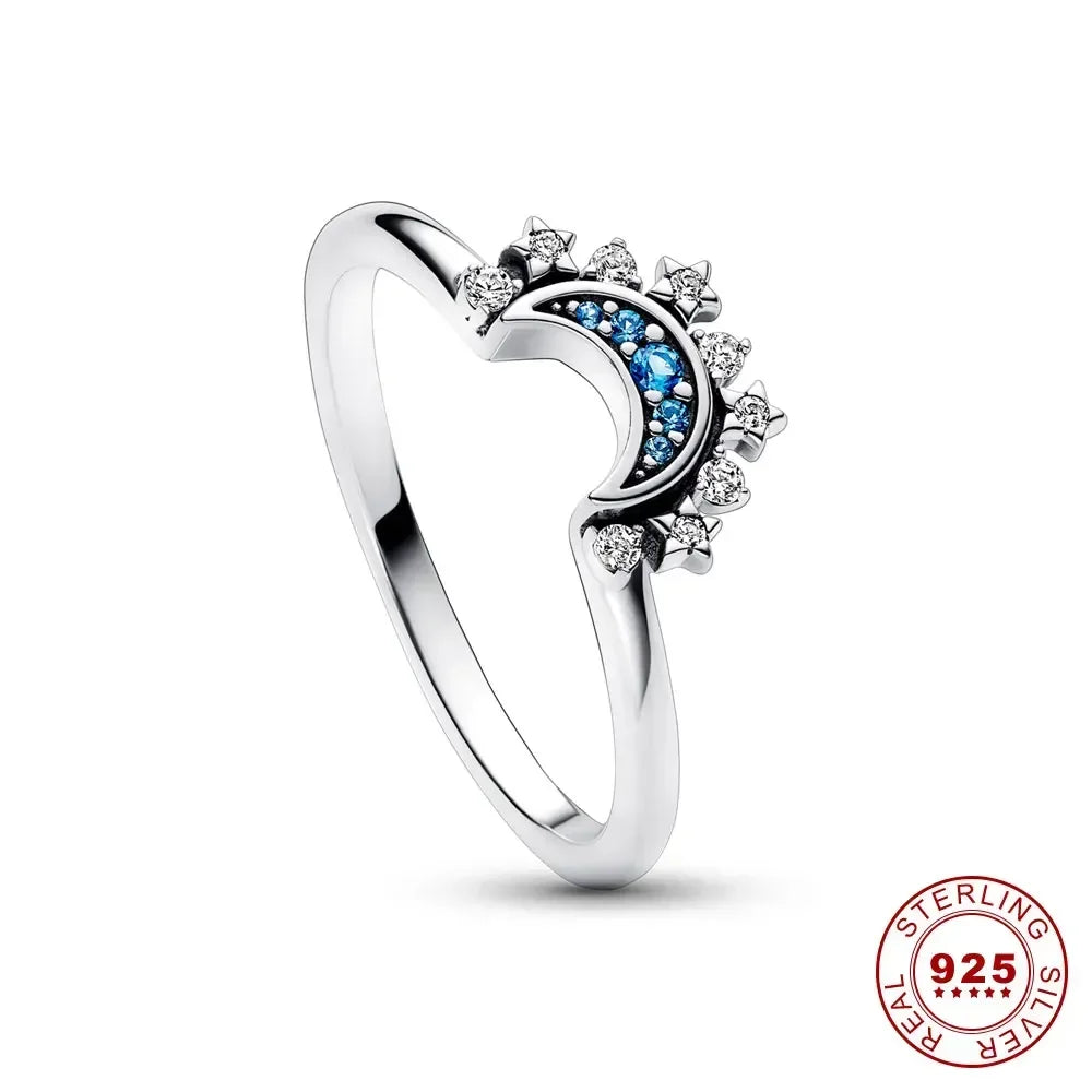 Summer Celestial Blue Sparkling Moon & Sun Ring for Women – 925 Sterling Silver Cocktail Band