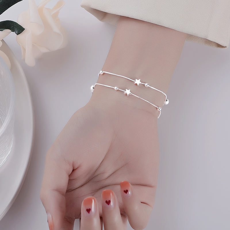 925 Sterling Silver Double Star Bracelet for Girls – Japanese & Korean Style