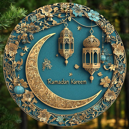 Ramadan Kareem Aluminum Wall Art – 2D Moon & Lantern Decor - No Power Needed - Home, Office & Holiday Decoration