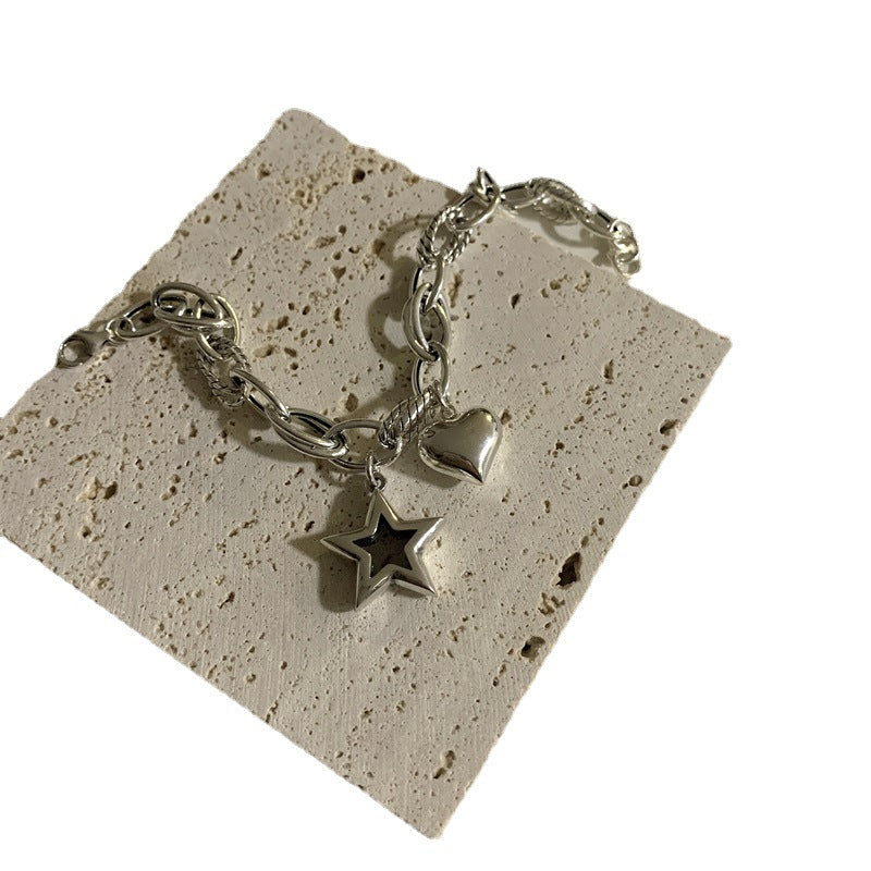 925 Sterling Silver Vintage Love Star Couple Bracelet - Heart Shape