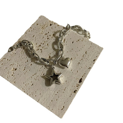 925 Sterling Silver Vintage Love Star Couple Bracelet - Heart Shape