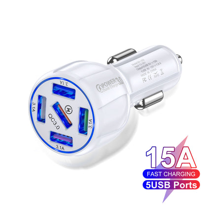 5-Port 15A QC3.0 Fast Car Charger – Multi-Device USB Charging Hub