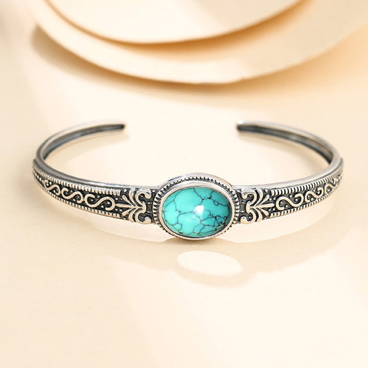925 Silver-Plated Turquoise Bracelet for Men & Women – Retro Adjustable Design