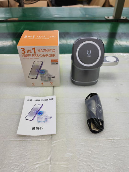Three-in-One Folding Magnetic Wireless Fast Charging Charger for Phones, Earbuds, and Smartwatches