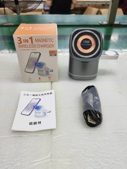 Three-in-One Folding Magnetic Wireless Fast Charging Charger for Phones, Earbuds, and Smartwatches
