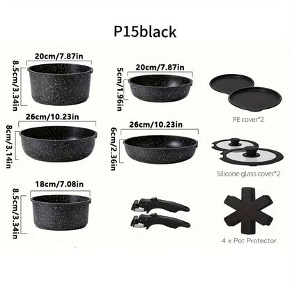 Aoran 15-Piece Nonstick Cookware Set With Detachable Handle – Induction, Dishwasher & Oven Safe