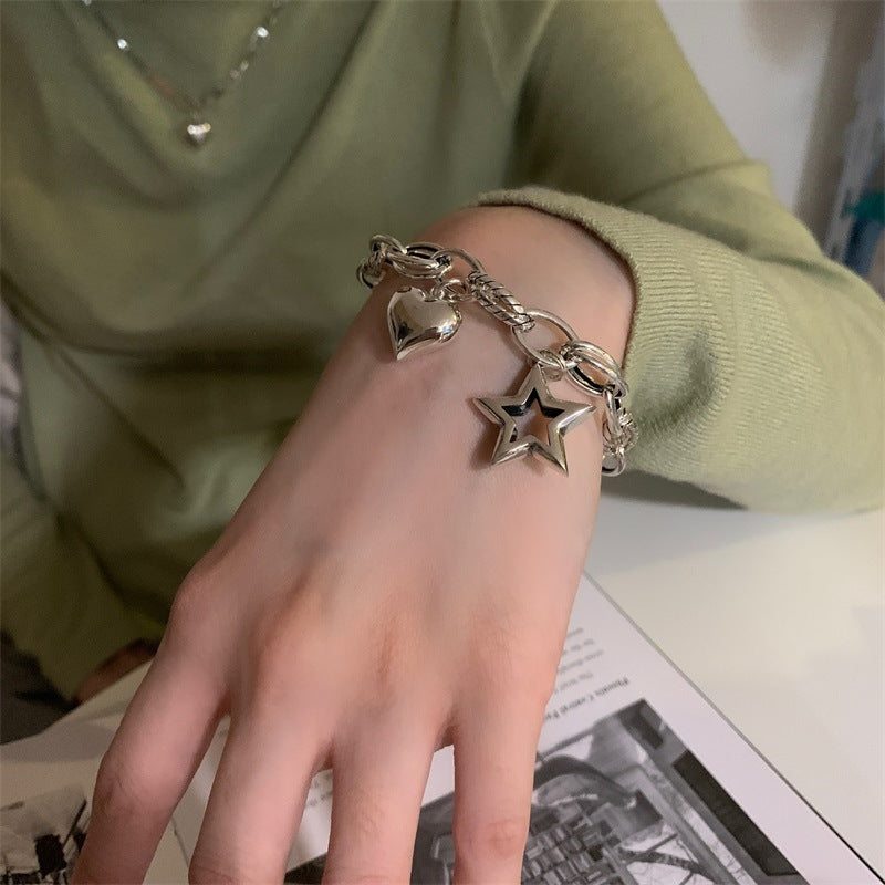925 Sterling Silver Vintage Love Star Couple Bracelet - Heart Shape