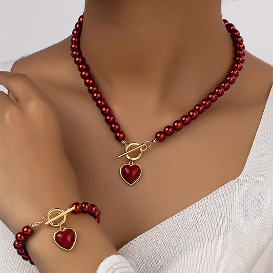 Pearl Heart Bracelet & Necklace Set – Elegant Women's Jewelry Clavicle Chain