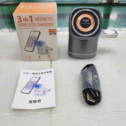 Three-in-One Folding Magnetic Wireless Fast Charging Charger for Phones, Earbuds, and Smartwatches