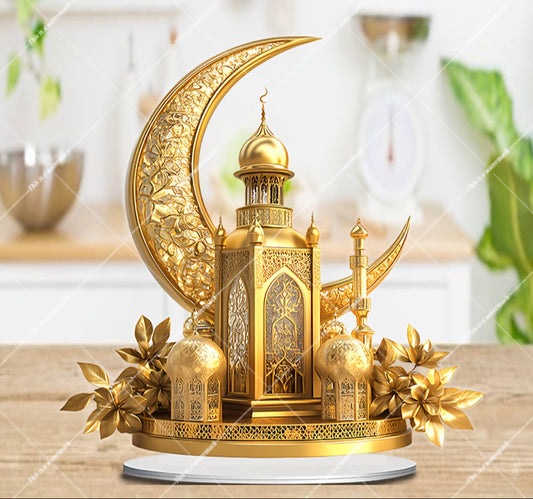 Yellow Golden 2D Acrylic Eid Ramadan Suncatcher Ornament with Base – Multi-Functional Home & Office Decor, Creative Ramadan Gift