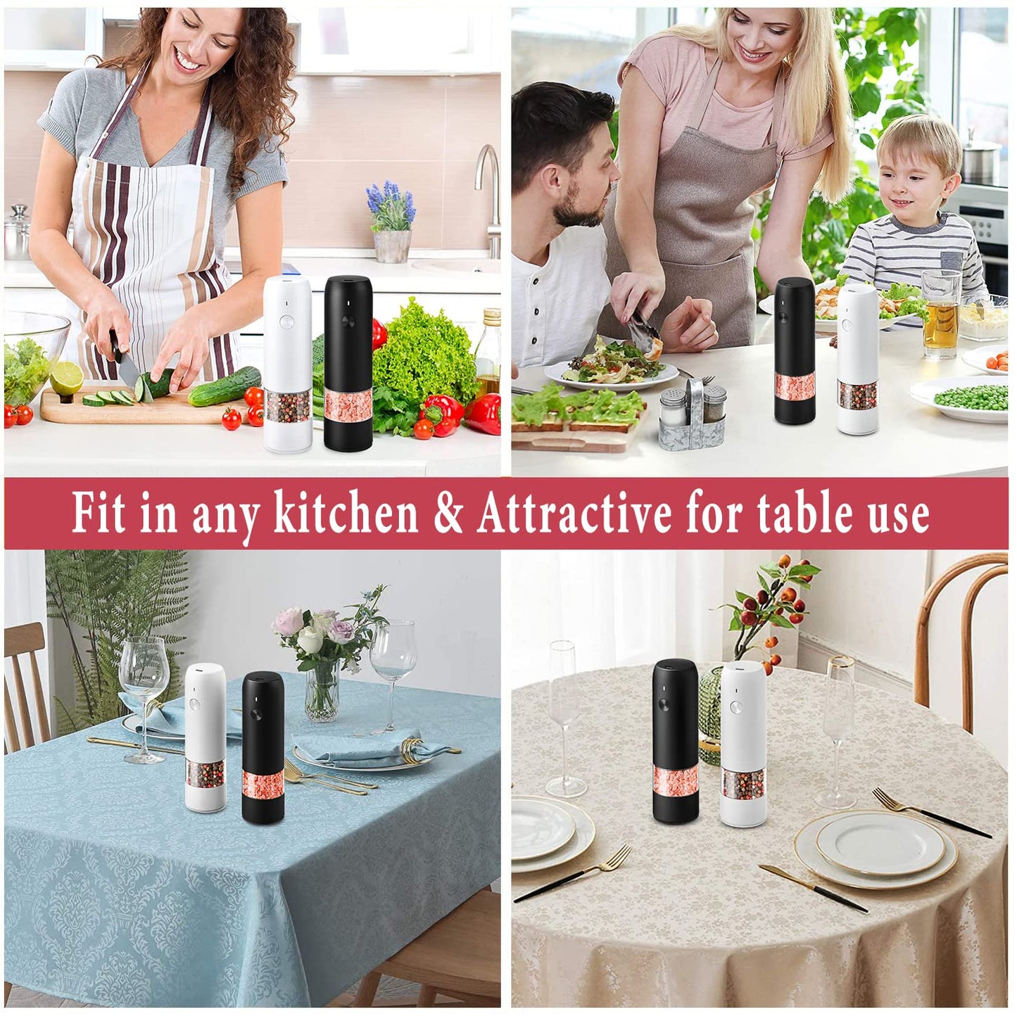 Rechargeable Electric Salt & Pepper Grinder Set - One-Handed Operation, Adjustable Coarseness, LED Light