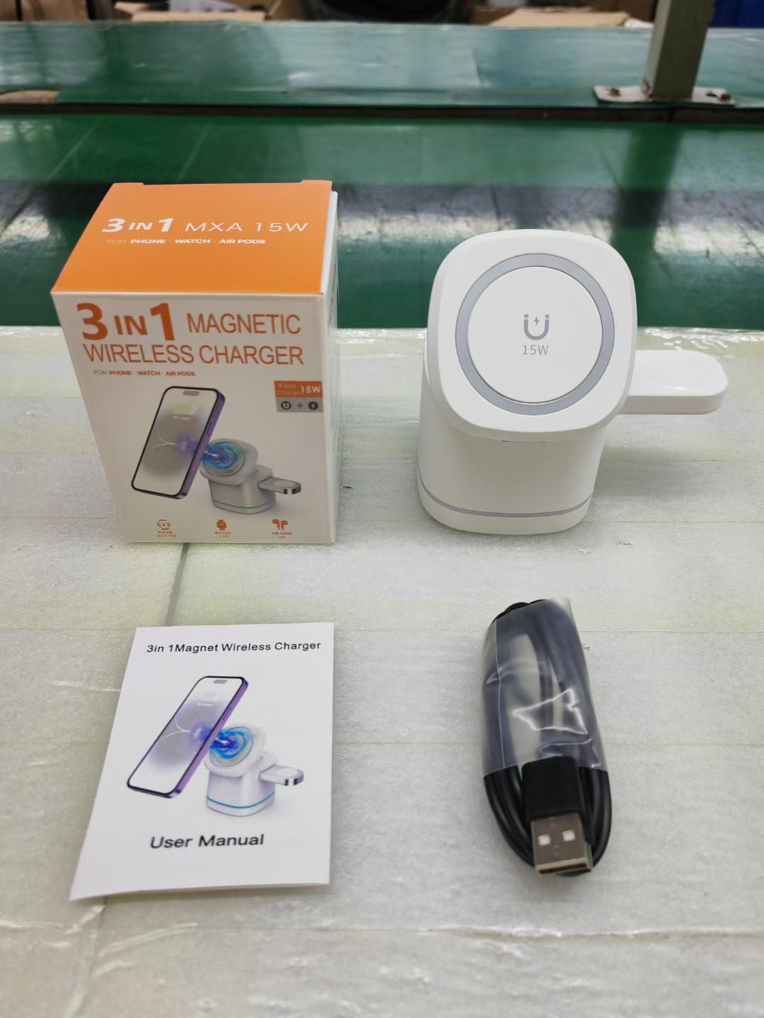 Three-in-One Folding Magnetic Wireless Fast Charging Charger for Phones, Earbuds, and Smartwatches