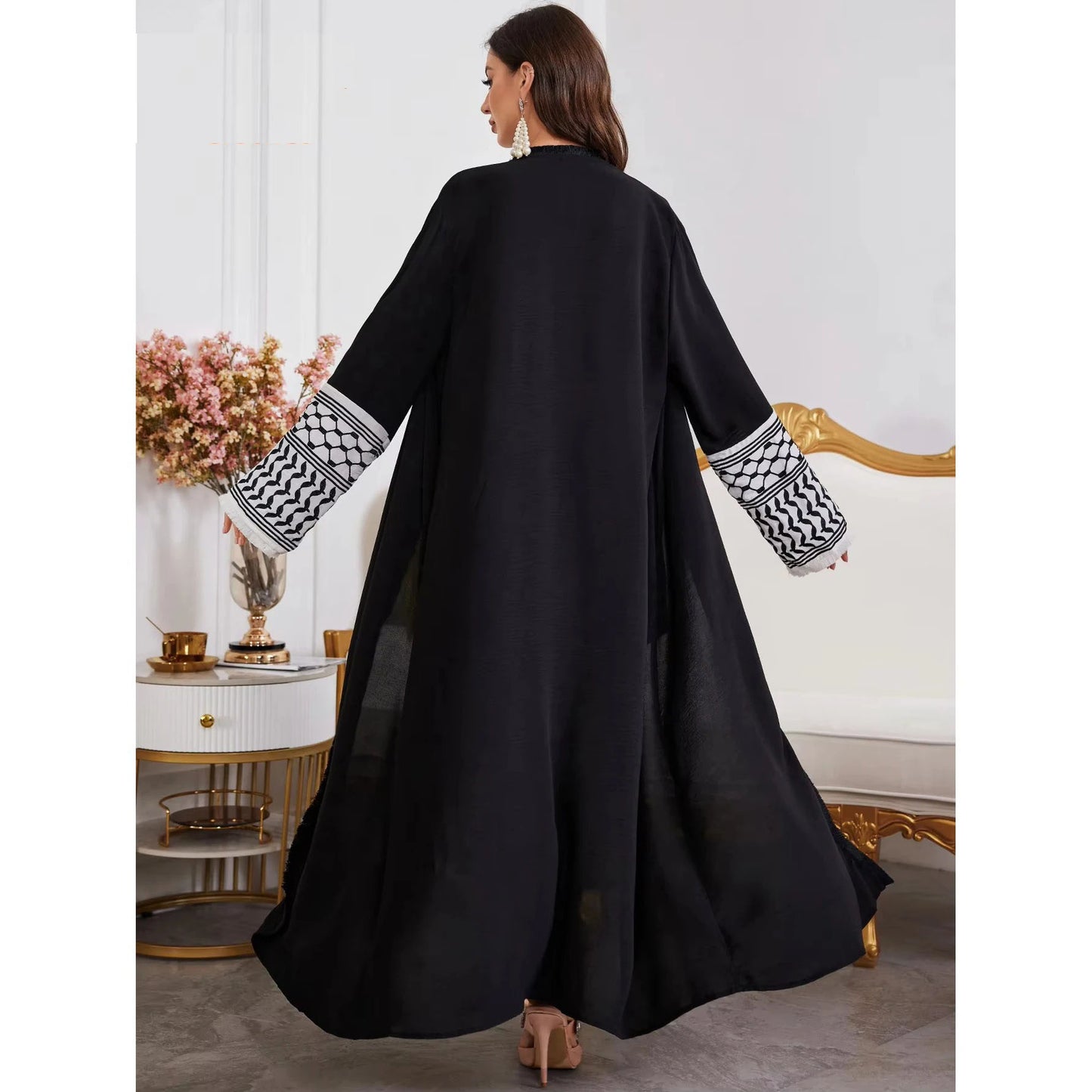 Abaya Kimono – Luxury Muslim Dubai Kaftan With Keffiyeh Embroidery & Tassels - Open Cardigan Dress For Women