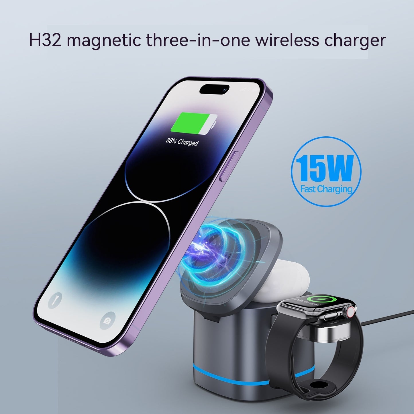 Three-in-One Folding Magnetic Wireless Fast Charging Charger for Phones, Earbuds, and Smartwatches