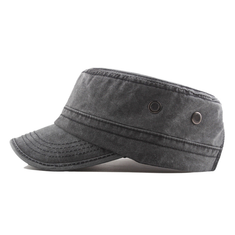 Men’s Flat Top Military Cap – Washed Cotton Sun Hat with Curved Brim