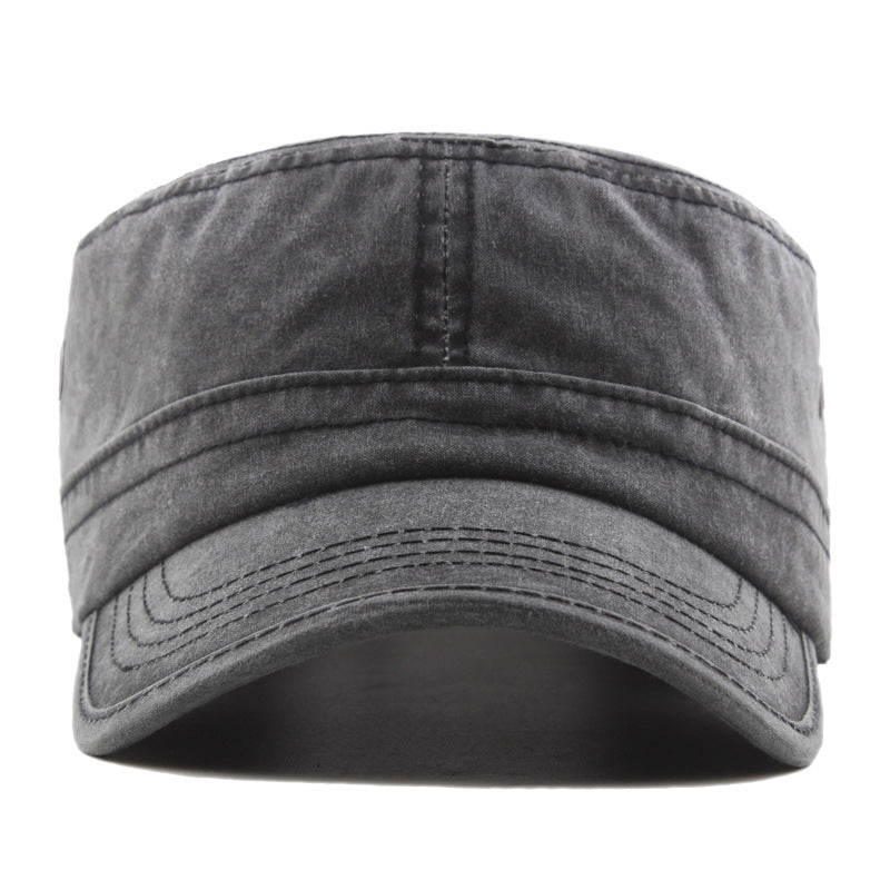 Men’s Flat Top Military Cap – Washed Cotton Sun Hat with Curved Brim