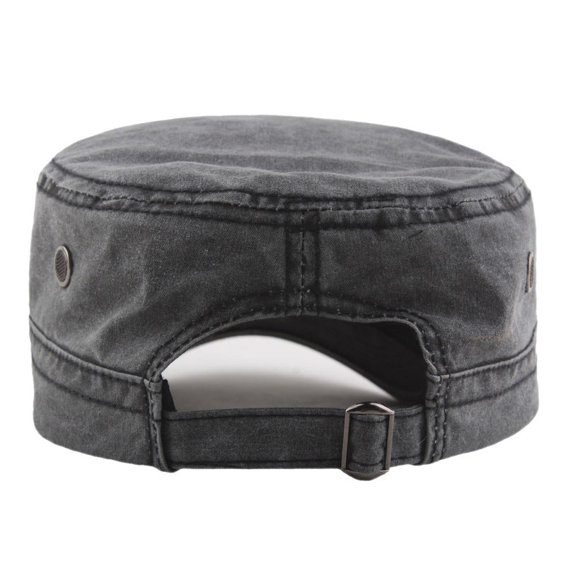 Men’s Flat Top Military Cap – Washed Cotton Sun Hat with Curved Brim
