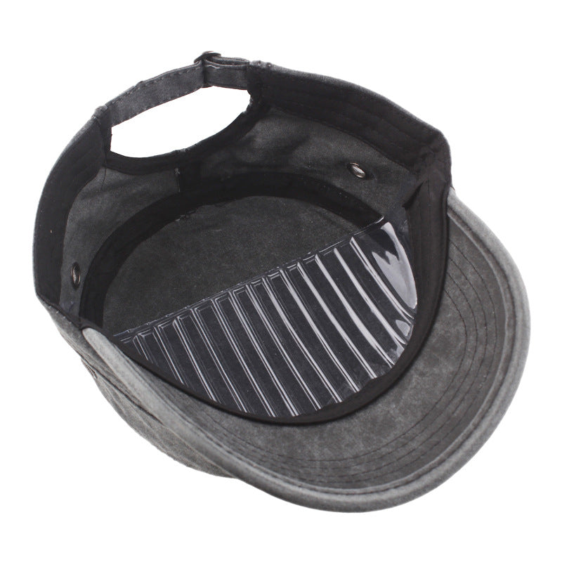 Men’s Flat Top Military Cap – Washed Cotton Sun Hat with Curved Brim