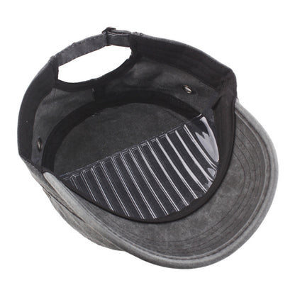 Men’s Flat Top Military Cap – Washed Cotton Sun Hat with Curved Brim