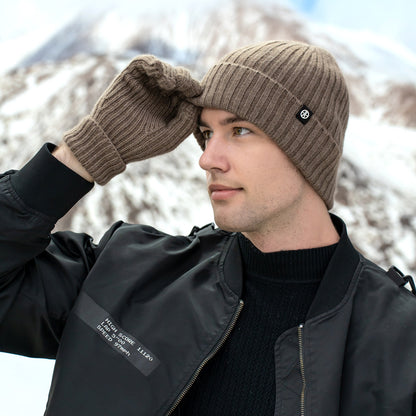 Unisex Winter Wool Knitted Hat & Gloves Set – Striped Touchscreen & Windproof