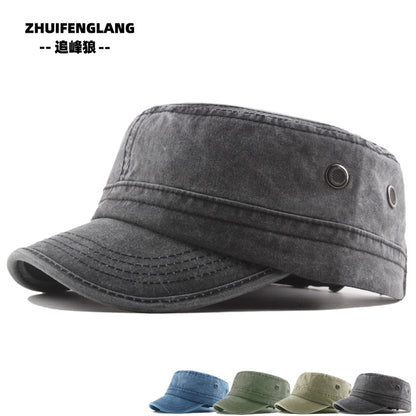 Men’s Flat Top Military Cap – Washed Cotton Sun Hat with Curved Brim