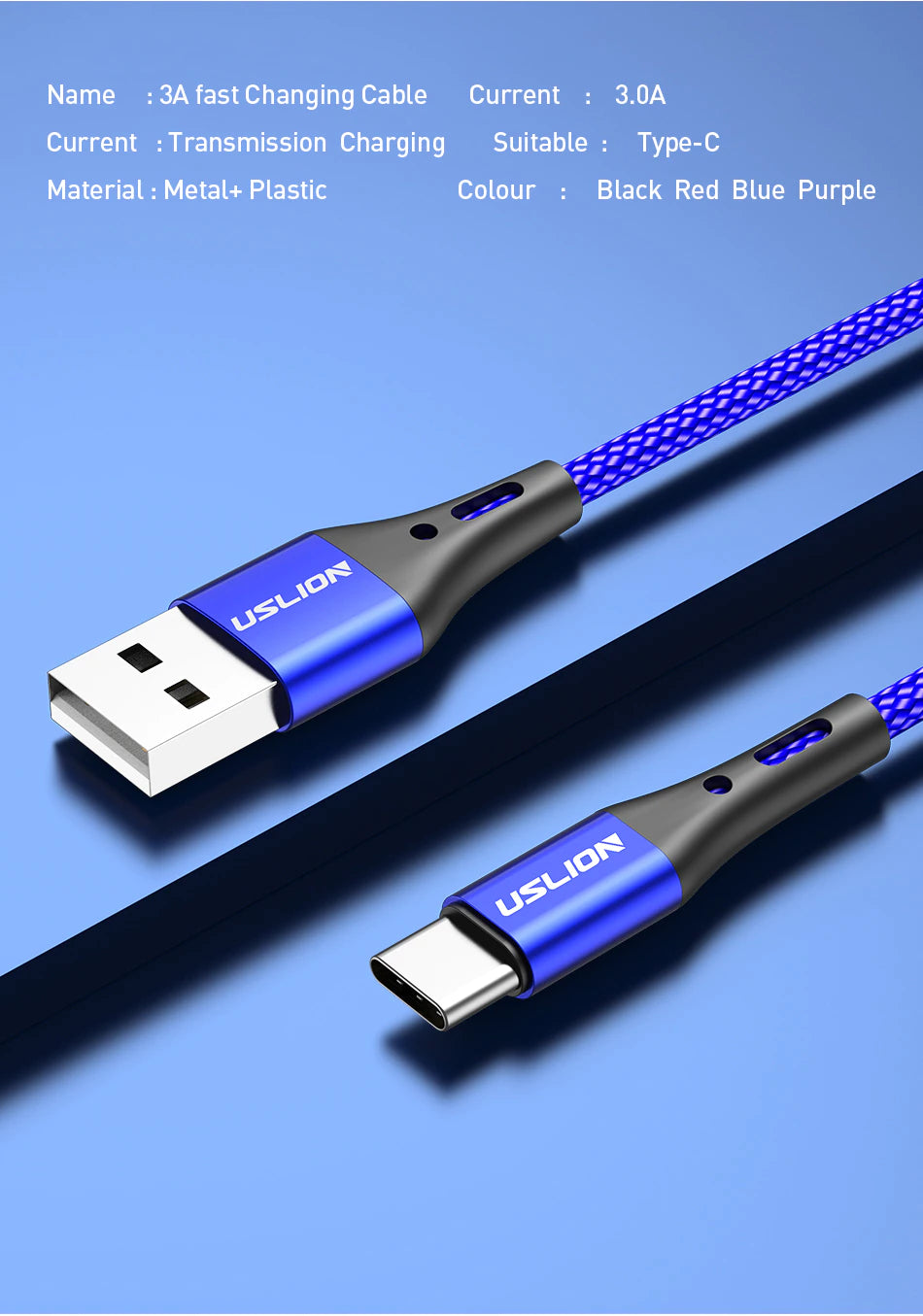 Mobile Phone Fast Charging USB Cable - USB to USB Type-C & Micro USB - 3A Rapid Charger