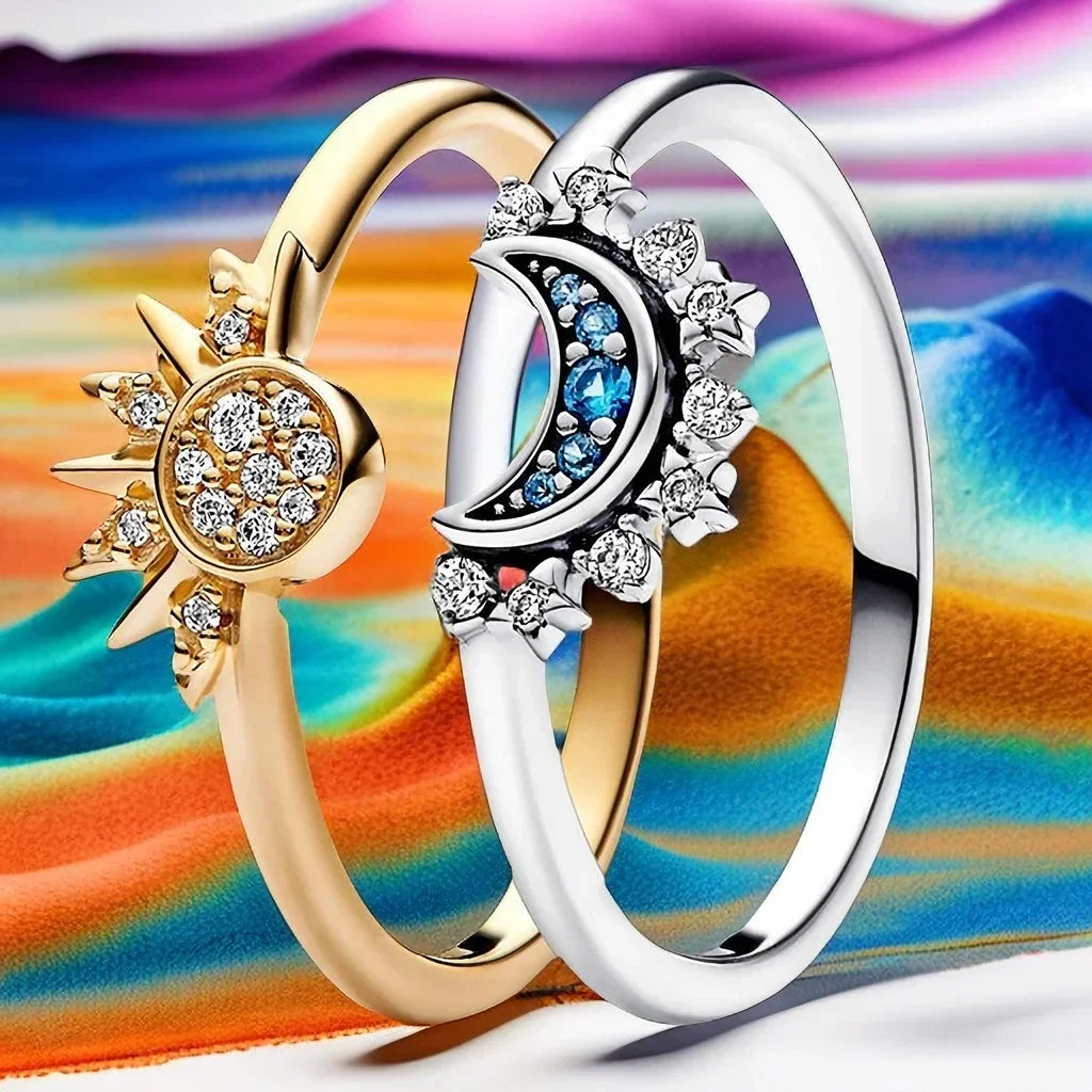 Summer Celestial Blue Sparkling Moon & Sun Ring for Women – 925 Sterling Silver Cocktail Band