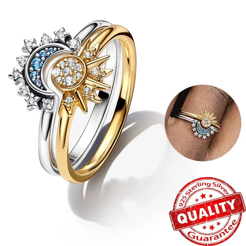 Summer Celestial Blue Sparkling Moon & Sun Ring for Women – 925 Sterling Silver Cocktail Band
